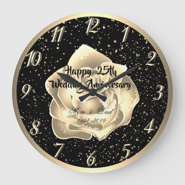 Gold Rose Confetti 25th Wedding Anniversary Large Clock (Front)
