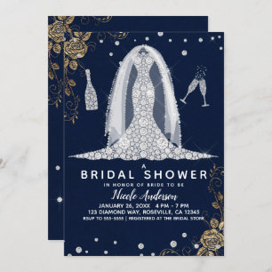 Gold Rose Diamond Wedding Dress Bridal Shower Blue Invitation