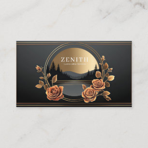 Gold Rose Floral and Midnight Mountain Scene Business Card