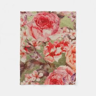 Gold Rose Floral Bloom Raspberry Pink Watercolor Fleece Blanket