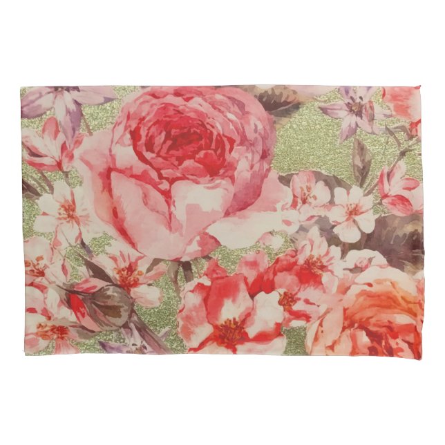 Gold Rose Floral Bloom Raspberry Pink Watercolor Pillowcase (Front)