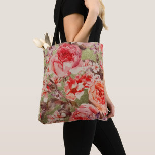 Gold Rose Floral Bloom Raspberry Pink Watercolor Tote Bag