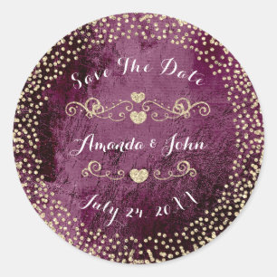 Gold Rose Glitter Save the Date Burgundy Beetroot Classic Round Sticker