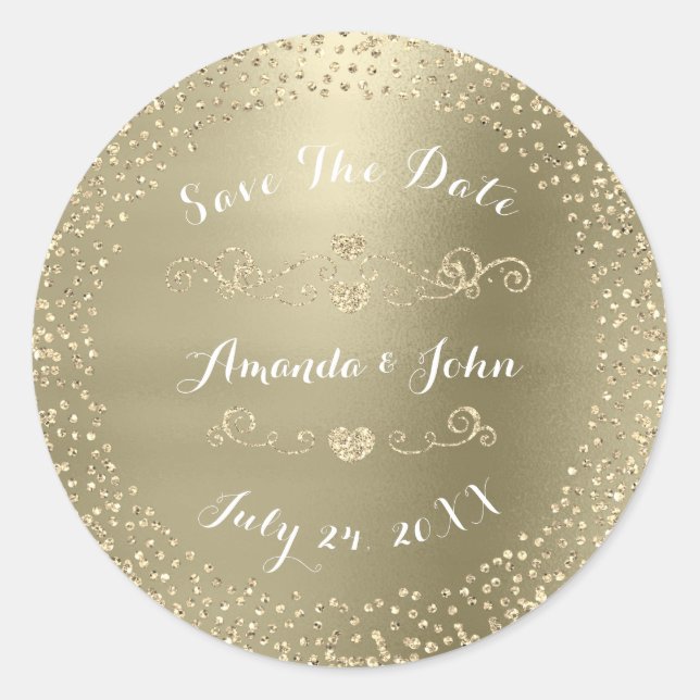 Gold Rose Glitter Save the Date Green Pastel Mint Classic Round Sticker (Front)