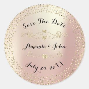 Gold Rose Glitter Save the Date Pink Blush Classic Round Sticker