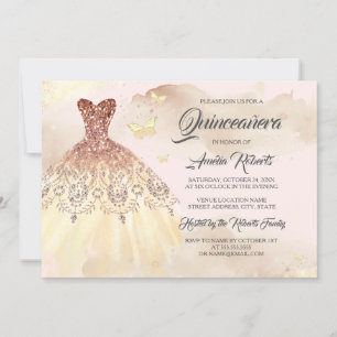 Gold Rose Gold Dress Pink Watercolor Quinceanera  Invitation