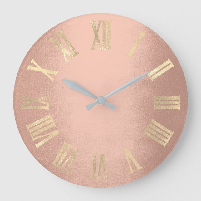 Gold Rose Gold Minimal Metal Silk Roman Numers Large Clock (Front)