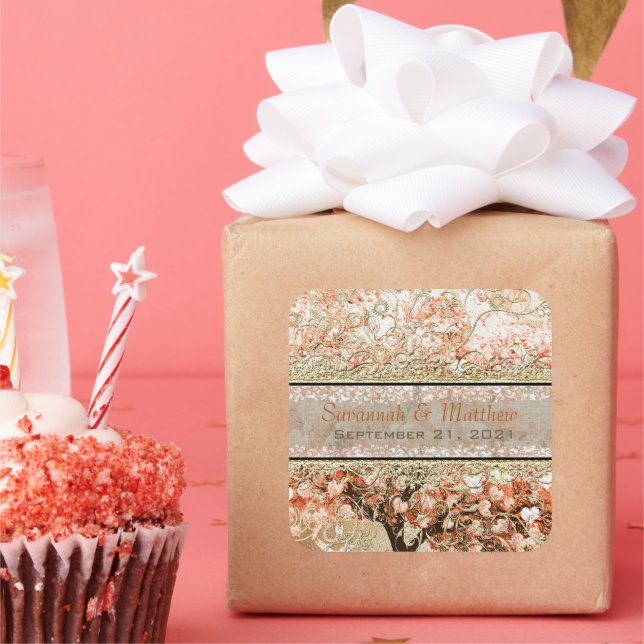 Gold Rose Heart Leaf Tree Square Wedding Seal (Party)