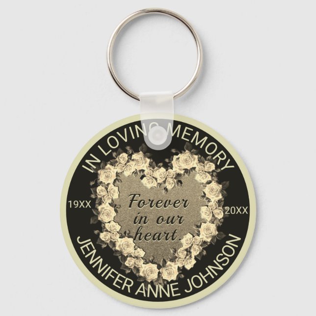 Gold Rose Memorial Heart Key Ring (Front)