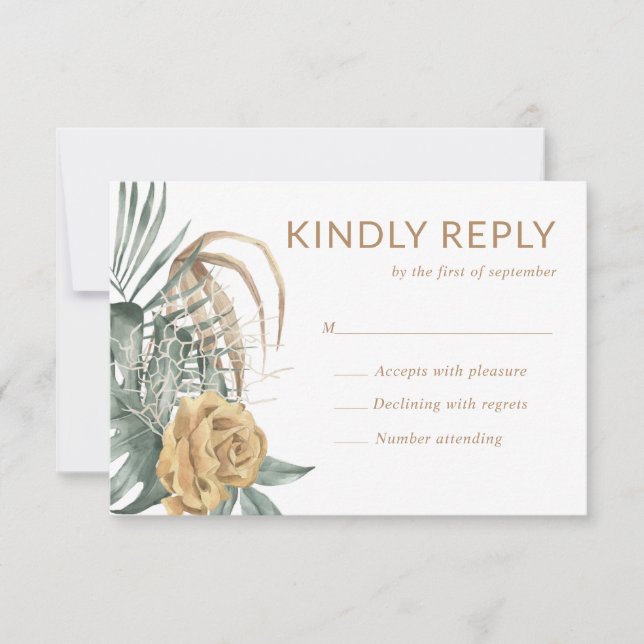 Gold Rose Monstera Palm Tropical Oasis Wedding RSVP Card (Front)