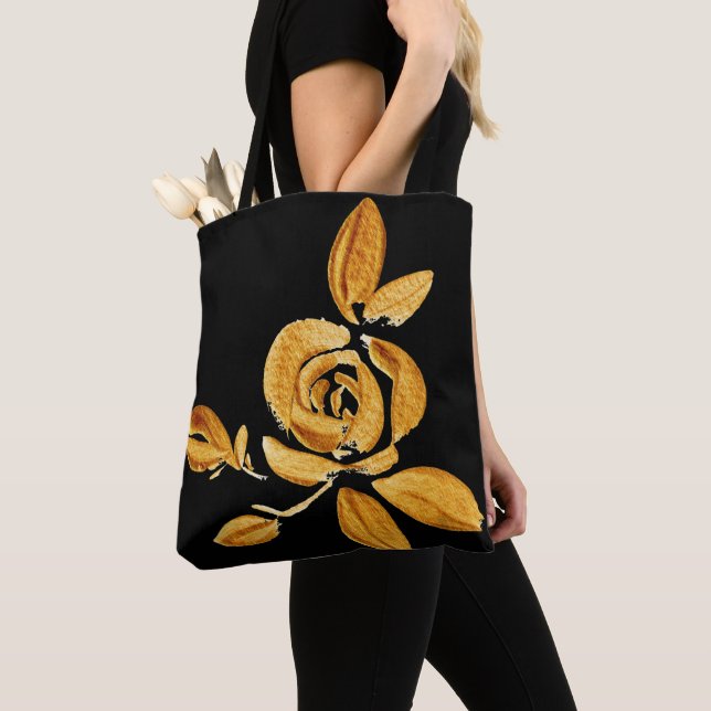 Gold Rose on Black Tote Bag (Close Up)