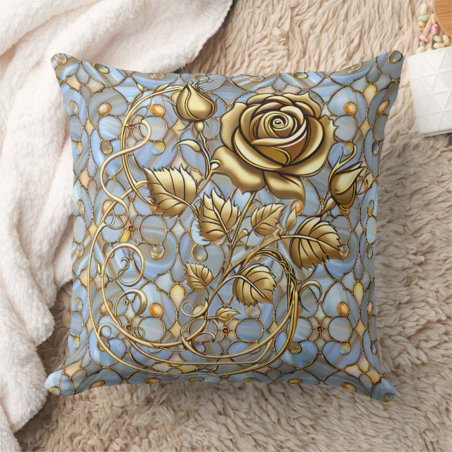 Gold Rose on Blue Glass Throw Pillow (Blanket)