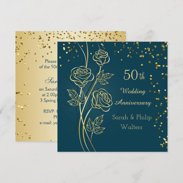 Gold rose on blue green, confetti 50th Anniversary Invitation (Front/Back)