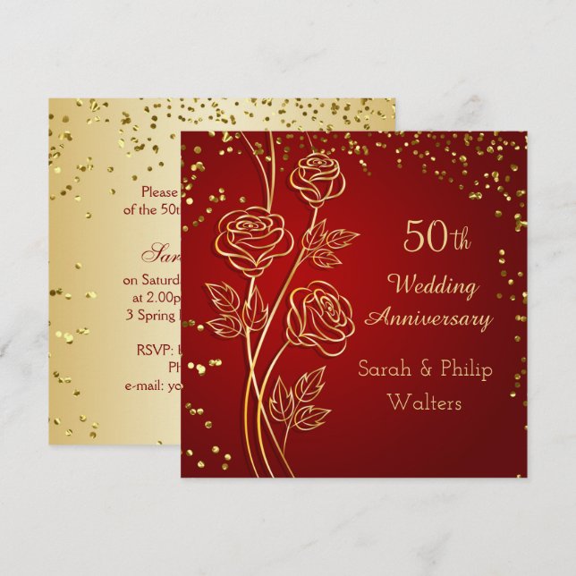 Gold rose on red, confetti 50th Anniversary Invitation (Front/Back)