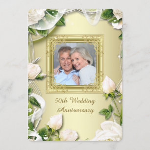Gold Rose Photo 50th Wedding Anniversary Party Invitation