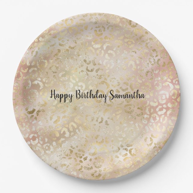 Gold Rose Pink Leopard Print Paper Plate (Front)