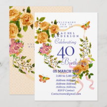 Gold Rose Ribbon 40th  Birthday Invitation