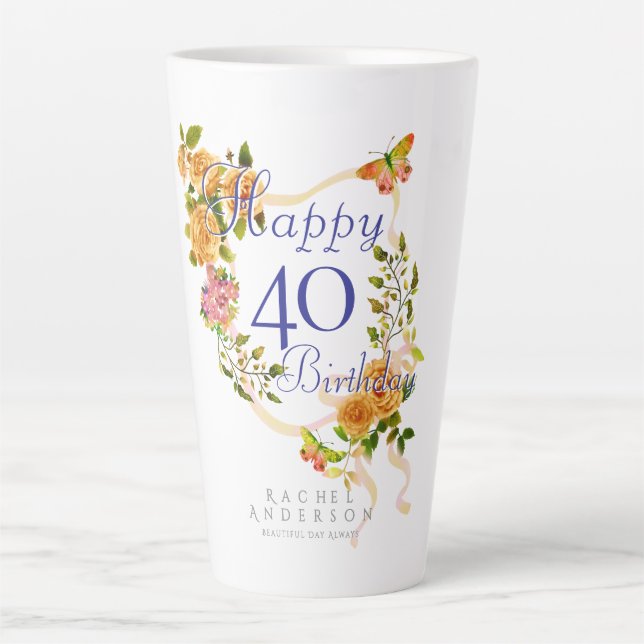 Gold Rose Ribbon 40th Birthday Latte Mug (Front)