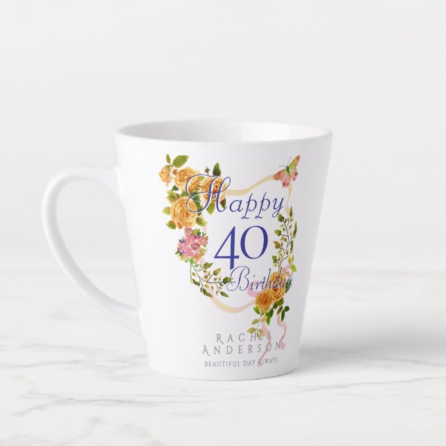 Gold Rose Ribbon 40th Birthday Latte Mug (Left)