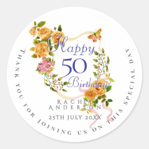 Gold Rose Ribbon 50th Birthday Classic Round Sticker