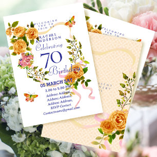 Gold Rose Ribbon 70th Birthday Invitation