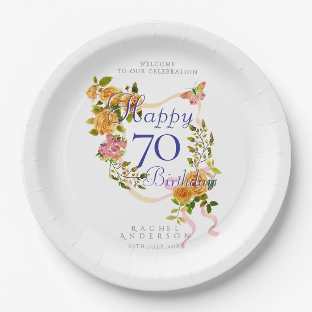 Gold Rose Ribbon 70th Birthday Paper Plate (Front)