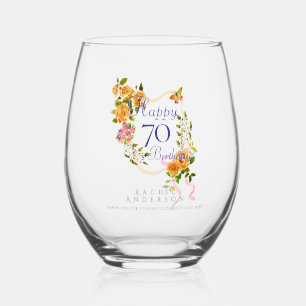 Gold Rose Ribbon 70th Birthday Stemless Wine Glass