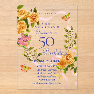Gold Rose Ribbon Birthday Invitation