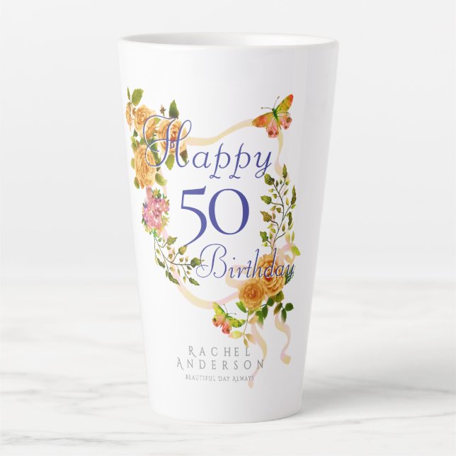 Gold Rose Ribbon Birthday Latte Mug (Front)