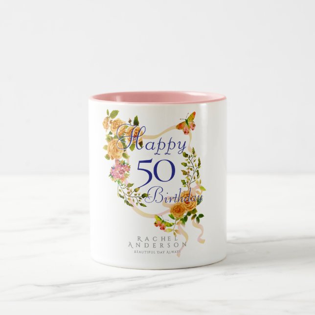 Gold Rose Ribbon Birthday Two-Tone Coffee Mug (Center)