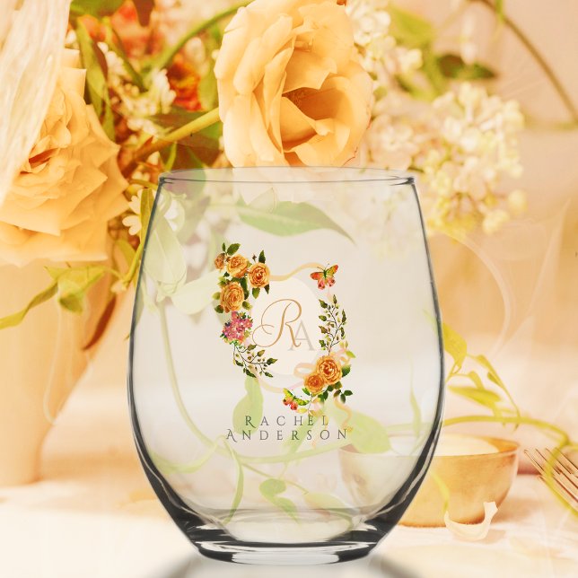 Gold Rose Ribbon Chic Monogram  Stemless Wine Glass (Romantic Gold Rose Ribbon Monogram  Wine Glass.)