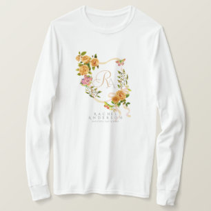Gold Rose Ribbon Chic Monogram White T-Shirt