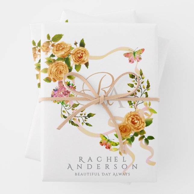 Gold Rose Ribbon Chic Monogram White Wrapping Paper Sheet (In situ)