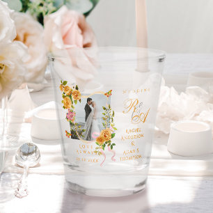Gold Rose Ribbon Monogram Photo Wedding Shot Glass