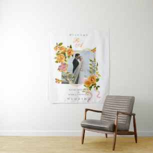 Gold Rose Ribbon Monogram Photo Wedding Tapestry