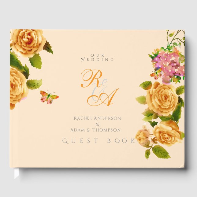 Gold Rose Ribbon Monogram Wedding Guest Book (Front)