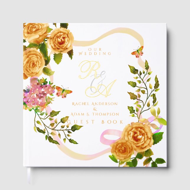 Gold Rose Ribbon Monogram Wedding Guest Book (Front)