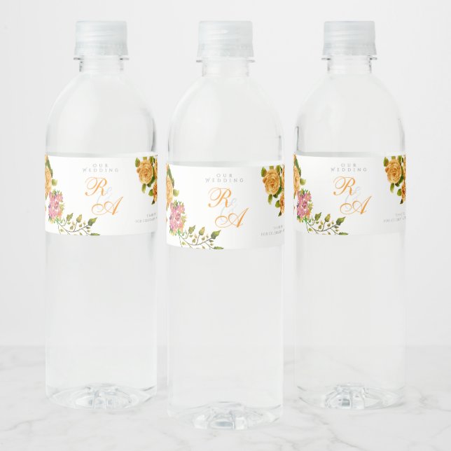 Gold Rose Ribbon Monogram Wedding  Water Bottle Label (Bottles)