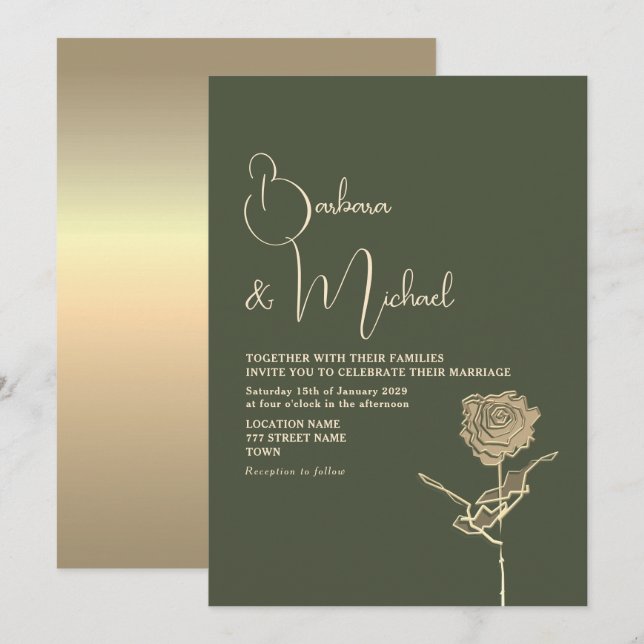 Gold Rose Sage Green Elegant Wedding Invitation (Front/Back)