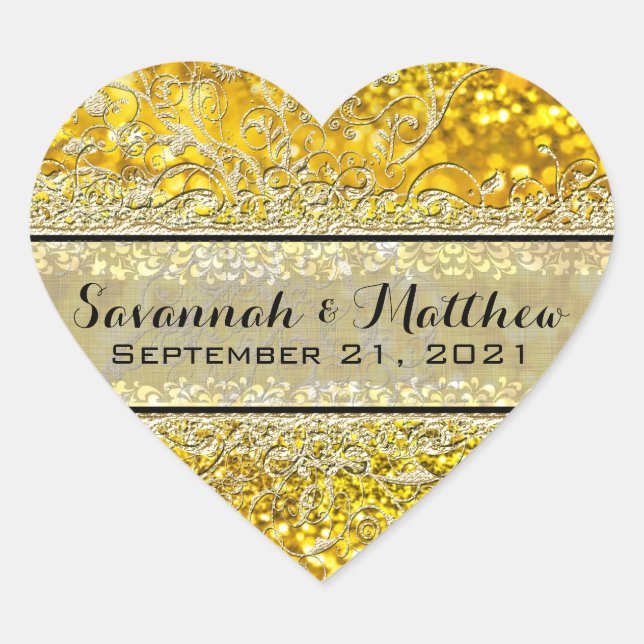 Gold Rose Swirl Romantic Square Wedding Heart Seal (Front)