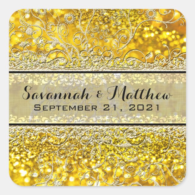 Gold Rose Swirly Romantic Square Wedding Seal (Front)