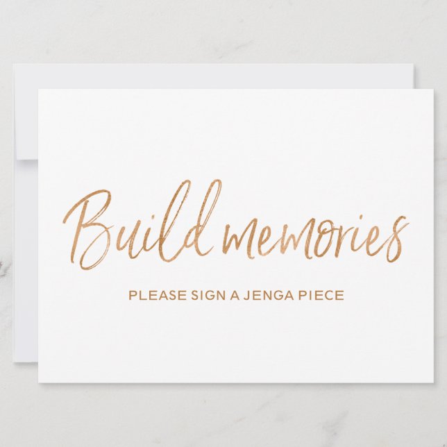 Gold Rose Wedding "Build memories" Jenga Sign Invitation (Front)