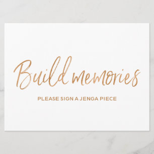 Gold Rose Wedding "Build memories" Jenga Sign Invitation