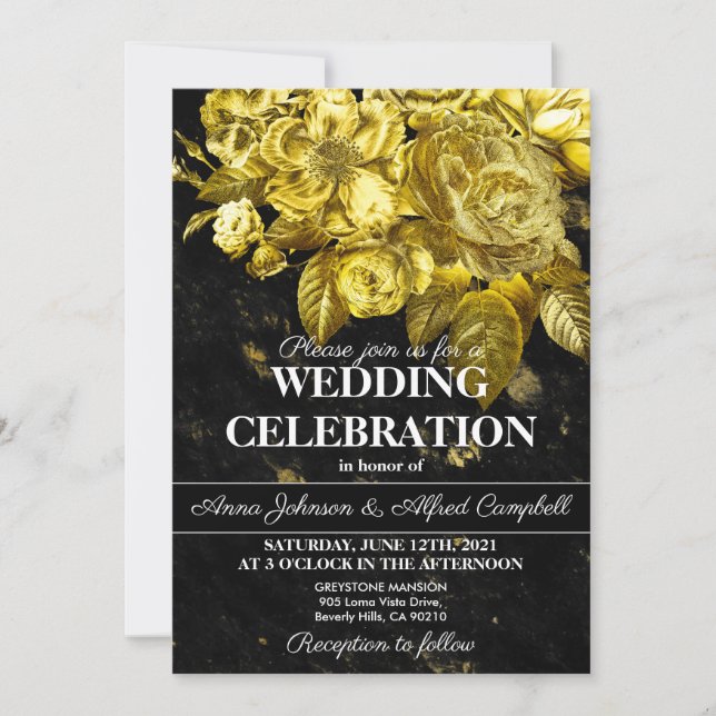 Gold roses and black marble wedding invitation (Front)