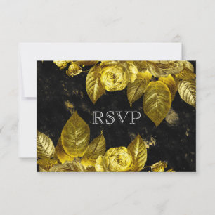 Gold roses and black marble wedding RSVP card