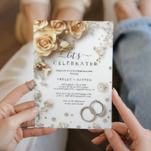Gold roses and rings Engagement party Invitation