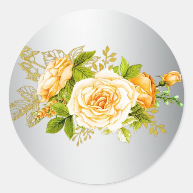 Gold Roses and Silver Wedding Classic Round Sticker (Front)