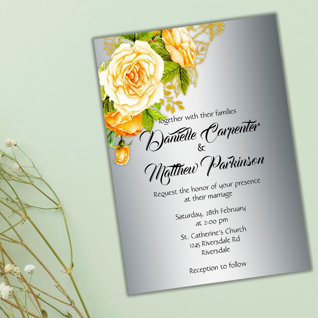 Gold Roses and Silver Wedding Invitation (Creator Uploaded)