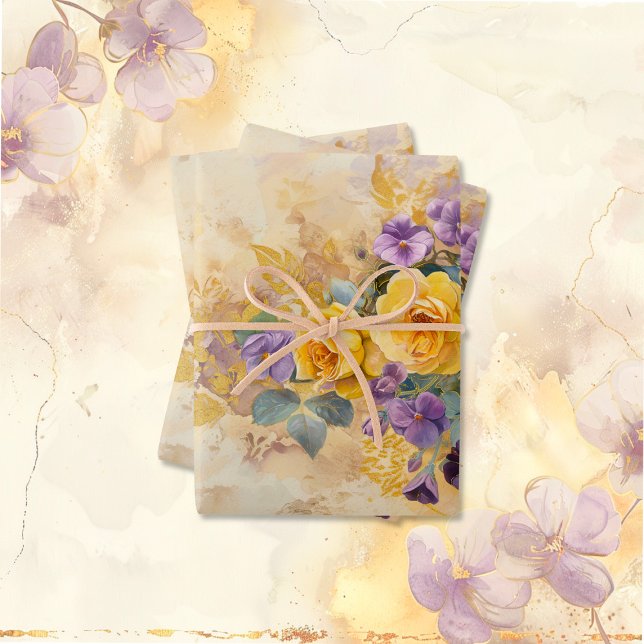 Gold Roses and Violets 50th Wedding Anniversary Wrapping Paper Sheet (Gold Roses and Violets 50th Wedding Anniversary gift wrapping paper)