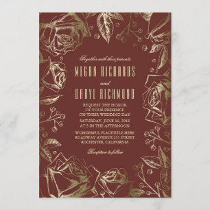 Gold Roses - Burgundy Marsala Fall Wedding Invitation